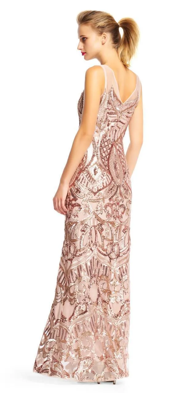 Adrianna Papell AP1E200620 Sleeveless Sheer Sequined Long Dress