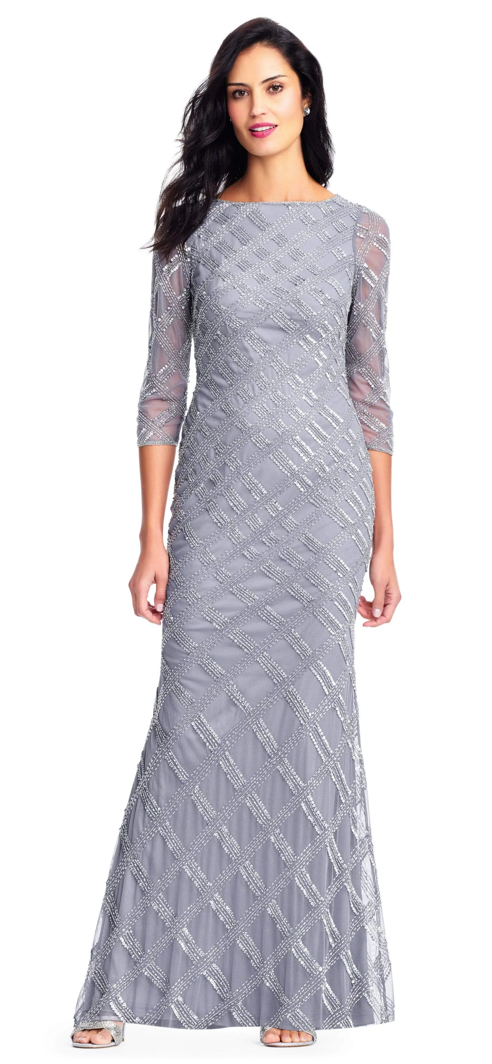 Adrianna Papell - AP1E202919 Beaded Sheer Quarter Length Sleeves Dress