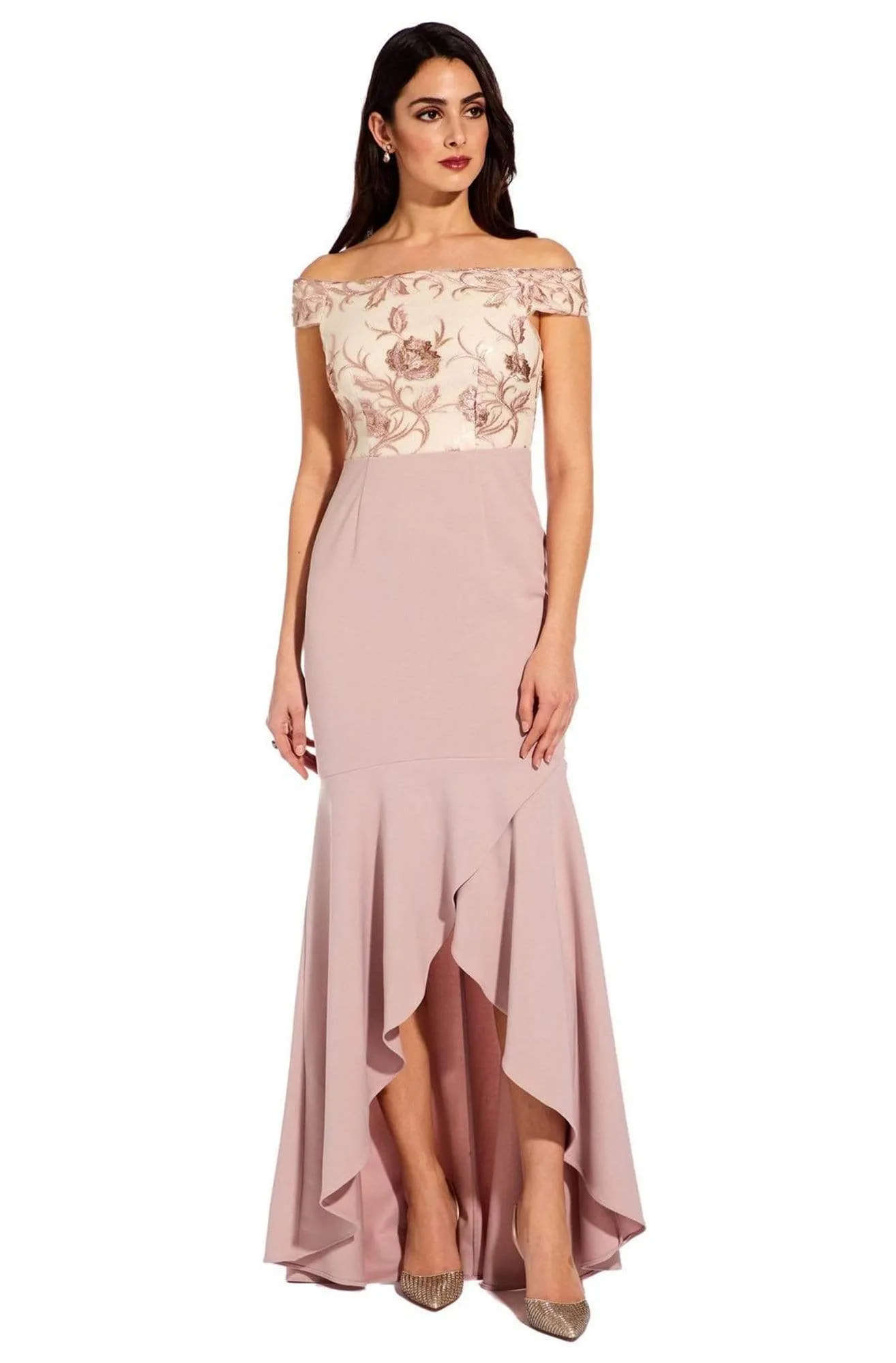 Adrianna Papell - AP1E205308 Embroidered Off-Shoulder Trumpet Dress