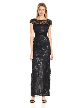 Adrianna Papell - Illusion Cap Sleeve Sequined Floral Gown AP1E200799 - 1 pc Black Navy In Size 10 Available