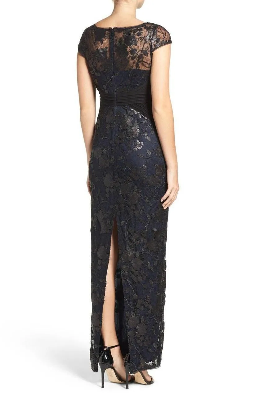 Adrianna Papell - Illusion Cap Sleeve Sequined Floral Gown AP1E200799 - 1 pc Black Navy In Size 10 Available