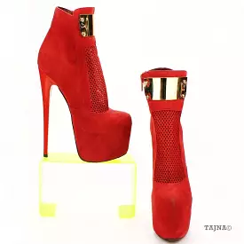 Ankle Red Faux Suede Fishnet High Platform Booties