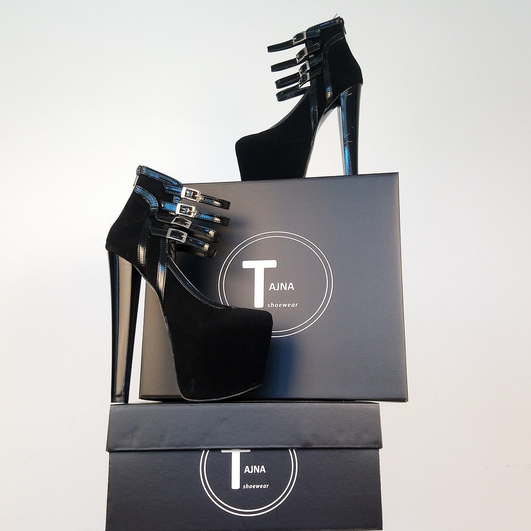 Black Faux Suede Belted 19 cm High Heel Platform