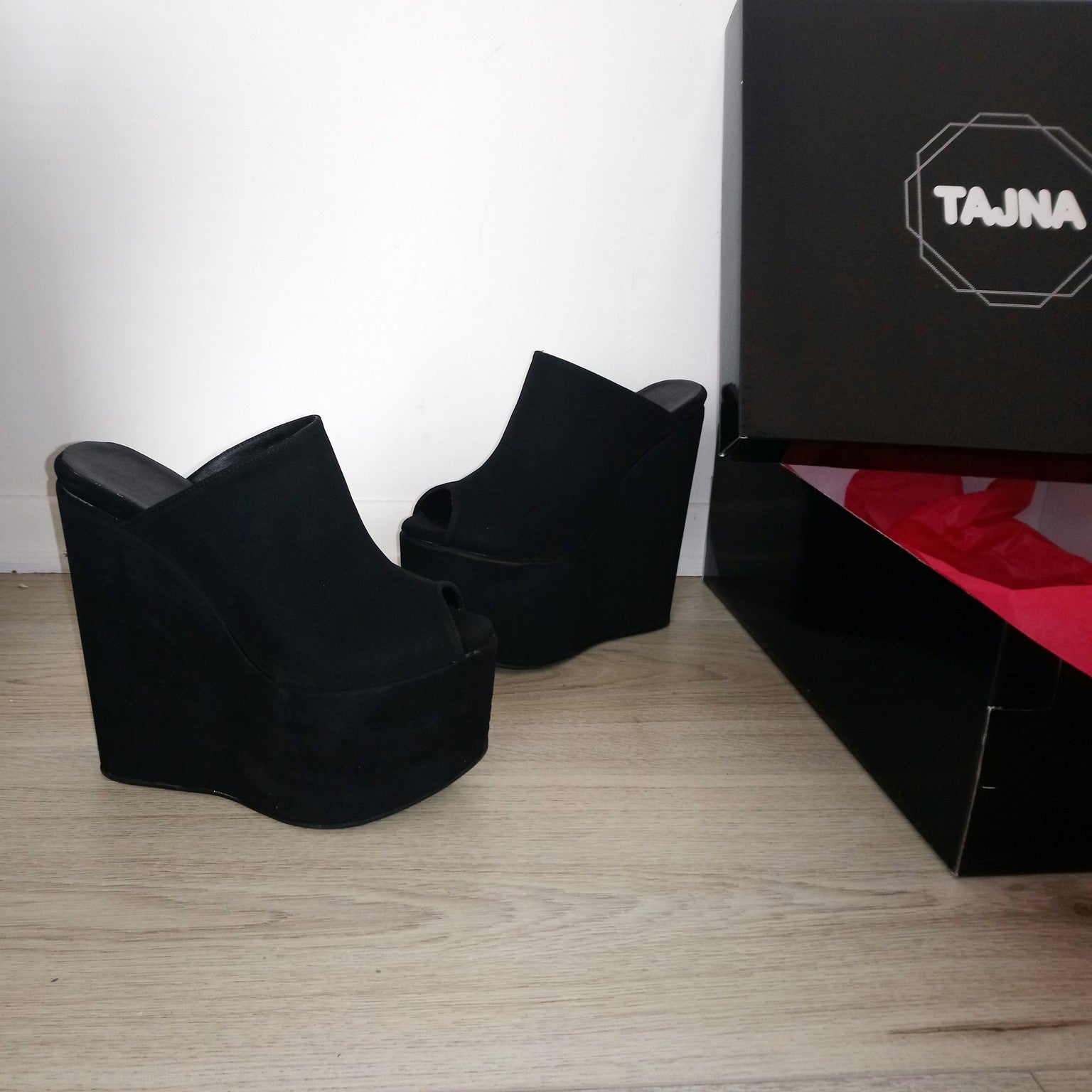 Black Faux Suede Peep Toe High Heel Wedge Mules