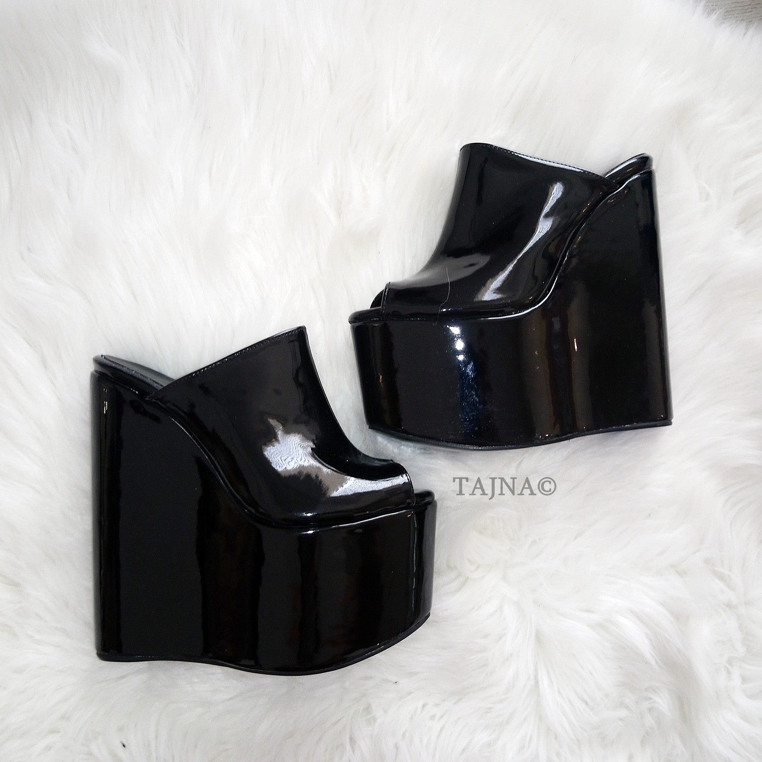 Black Patent Leather Peep Toe High Heel Wedge Mules