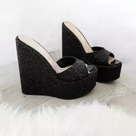 Black Shiny Peep Toe High Heel Wedge Mules