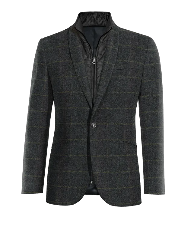  Blazer azul de tweed a cuadros solapa redonda