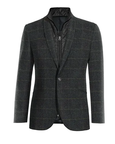  Blazer azul de tweed a cuadros solapa redonda