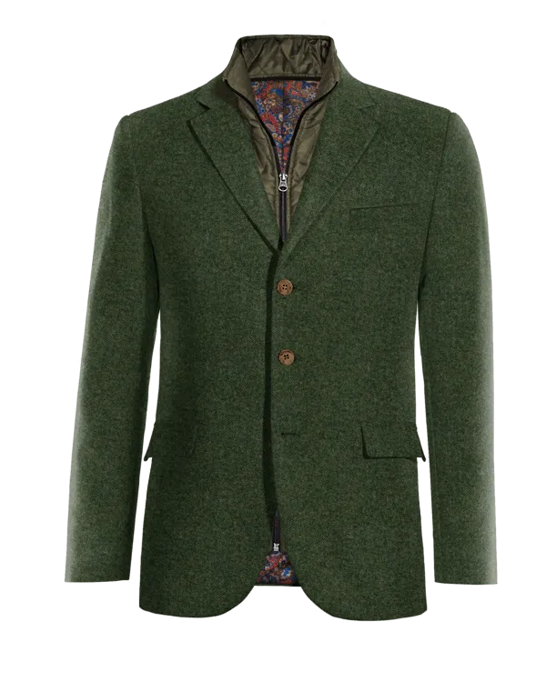  Blazer verde bosque de tweed herringbone esencial de 3 botones