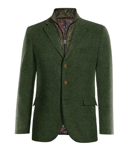  Blazer verde bosque de tweed herringbone esencial de 3 botones