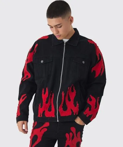 boohoo Mens Oversized Flame Applique Jean Jacket