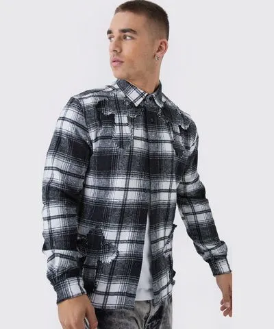 boohoo Mens Regular Fit Long Sleeve Flannel Applique Shirt