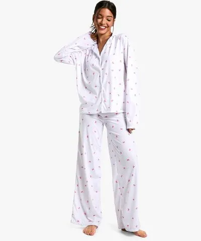 boohoo Womens Bow Print Long Sleeve Shirt And Trouser Pyjama Set