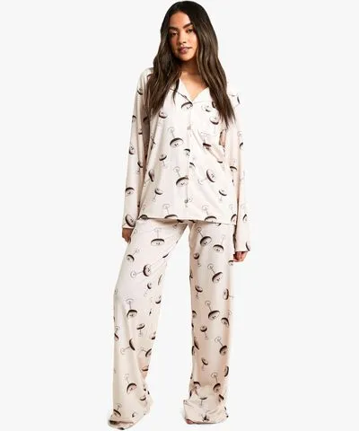 boohoo Womens Espresso Print Long Sleeve Shirt And Trouser Pyjama Set