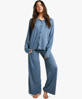 boohoo Womens Soft Touch Long Sleeve Shirt And Trouser Pyjama Set