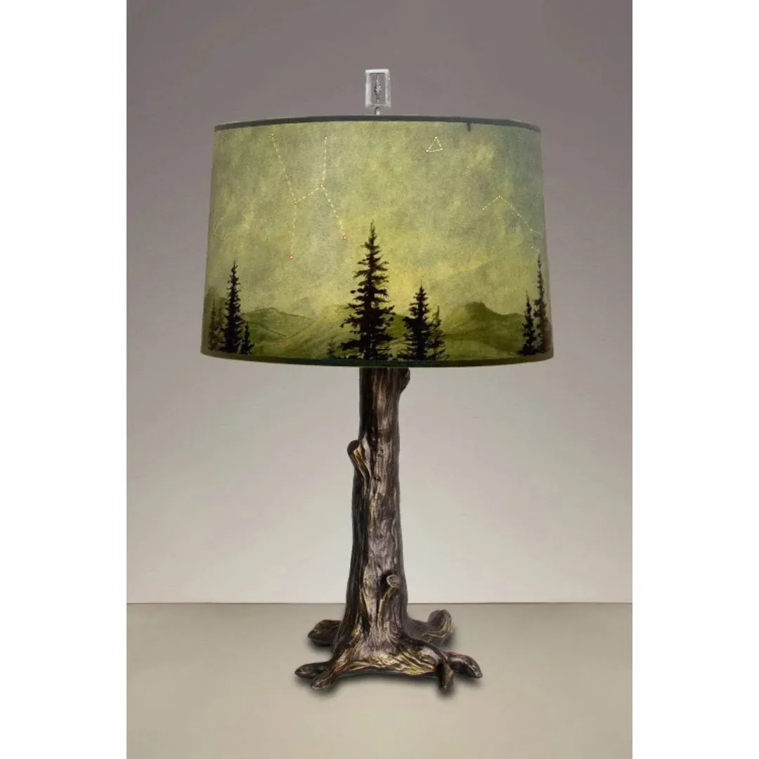 Bronze Tree Table Lamp with Large Drum Shade in Midnight Sky