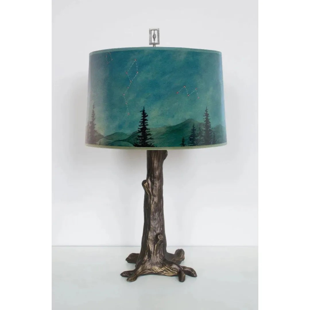 Bronze Tree Table Lamp with Large Drum Shade in Midnight Sky