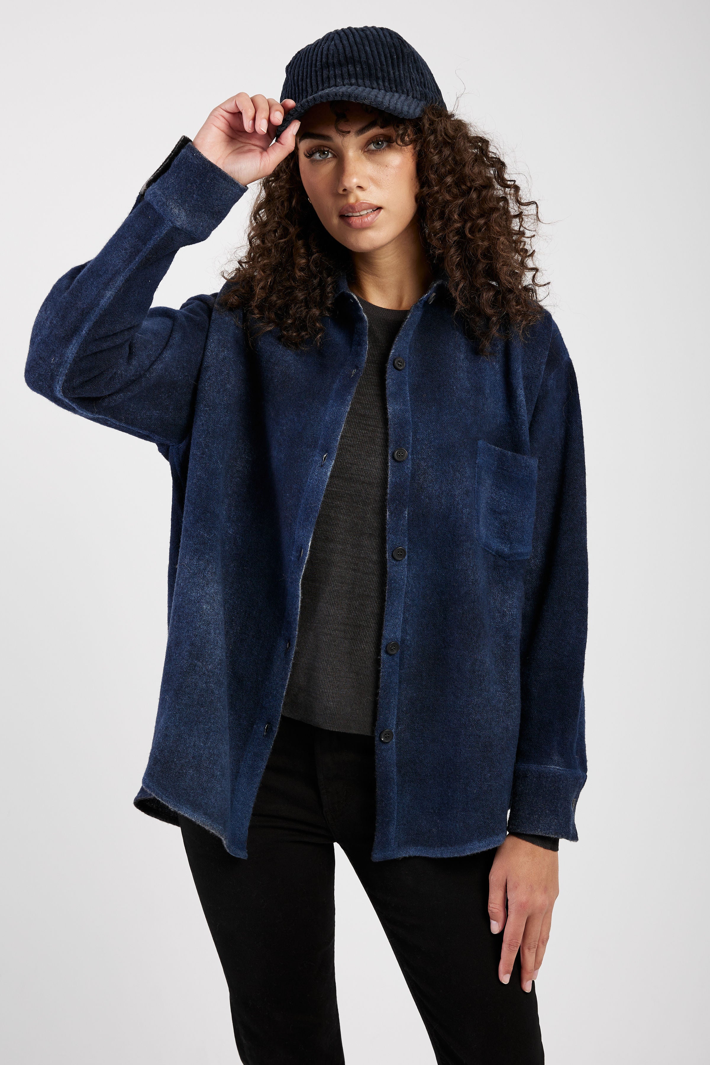 Cashmere Wool Knit Shirt in Midnight