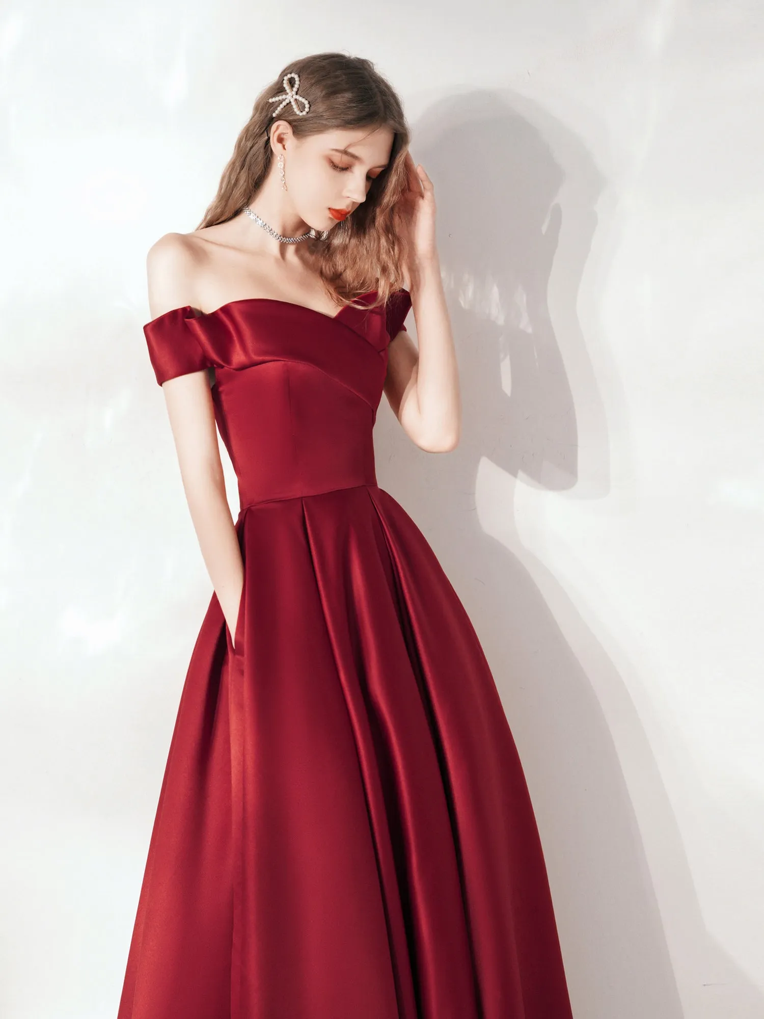 Classy Red Ball Gown Off Shoulder Prom Dress with Pockets