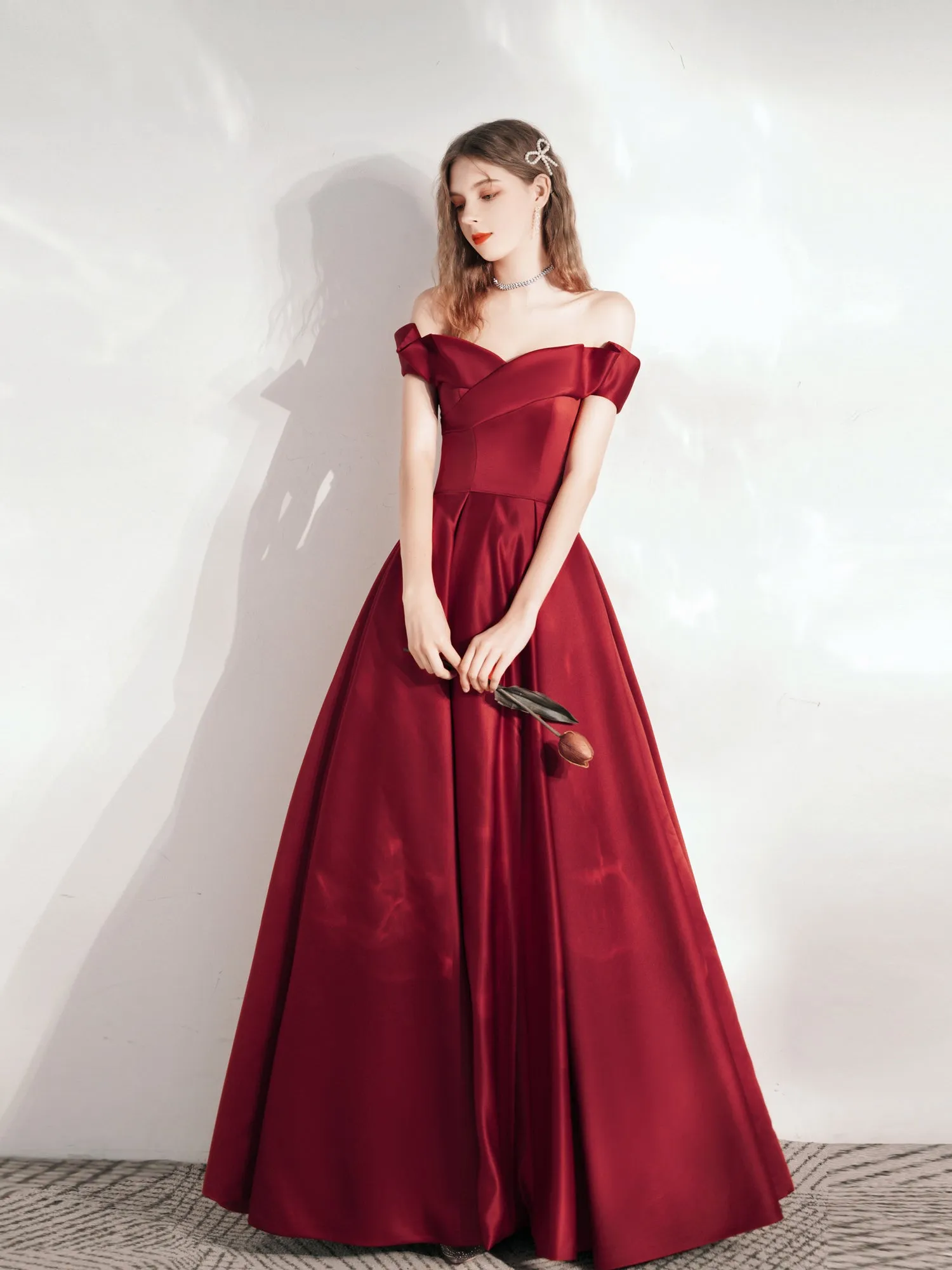 Classy Red Ball Gown Off Shoulder Prom Dress with Pockets