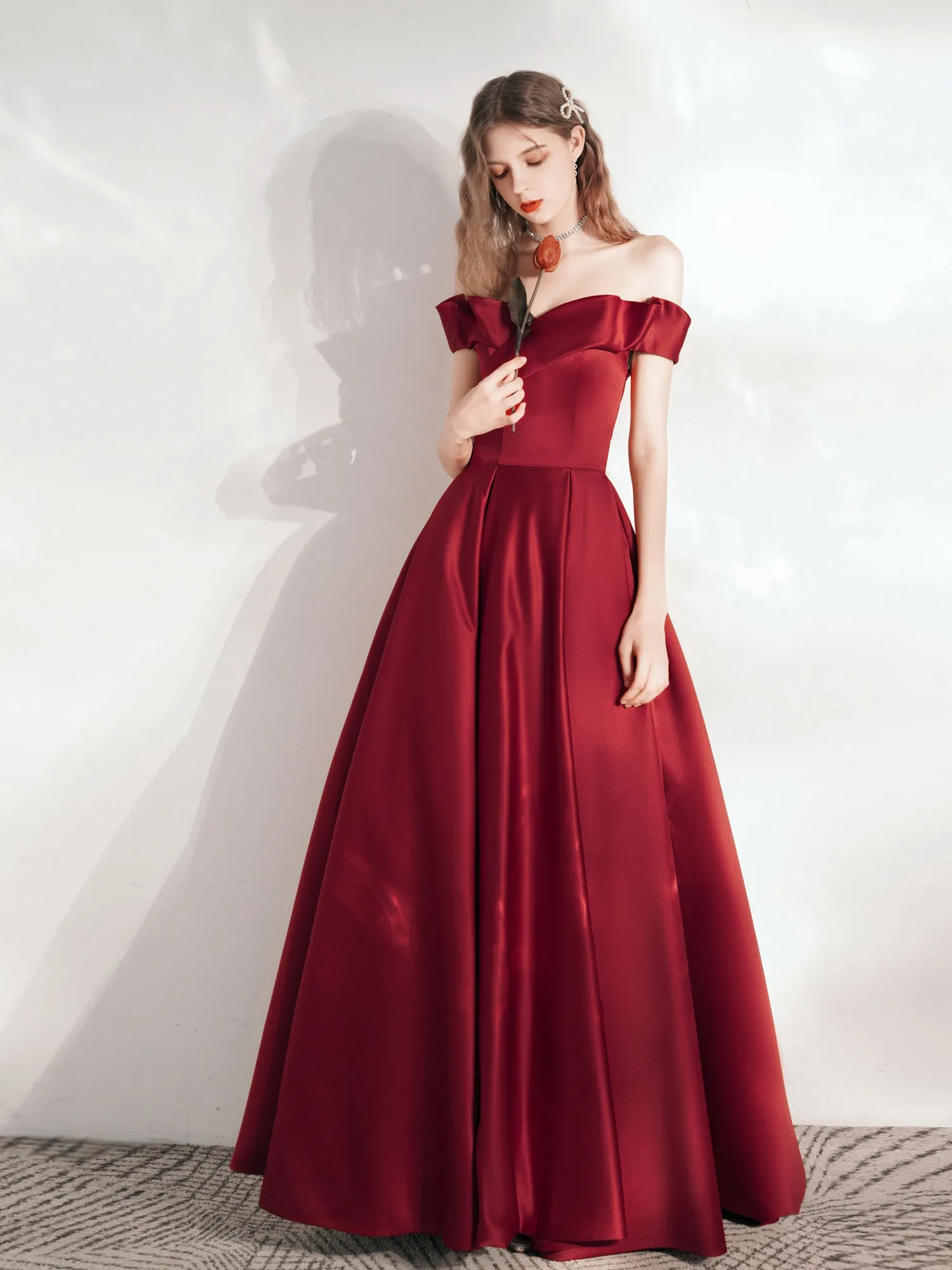 Classy Red Ball Gown Off Shoulder Prom Dress with Pockets