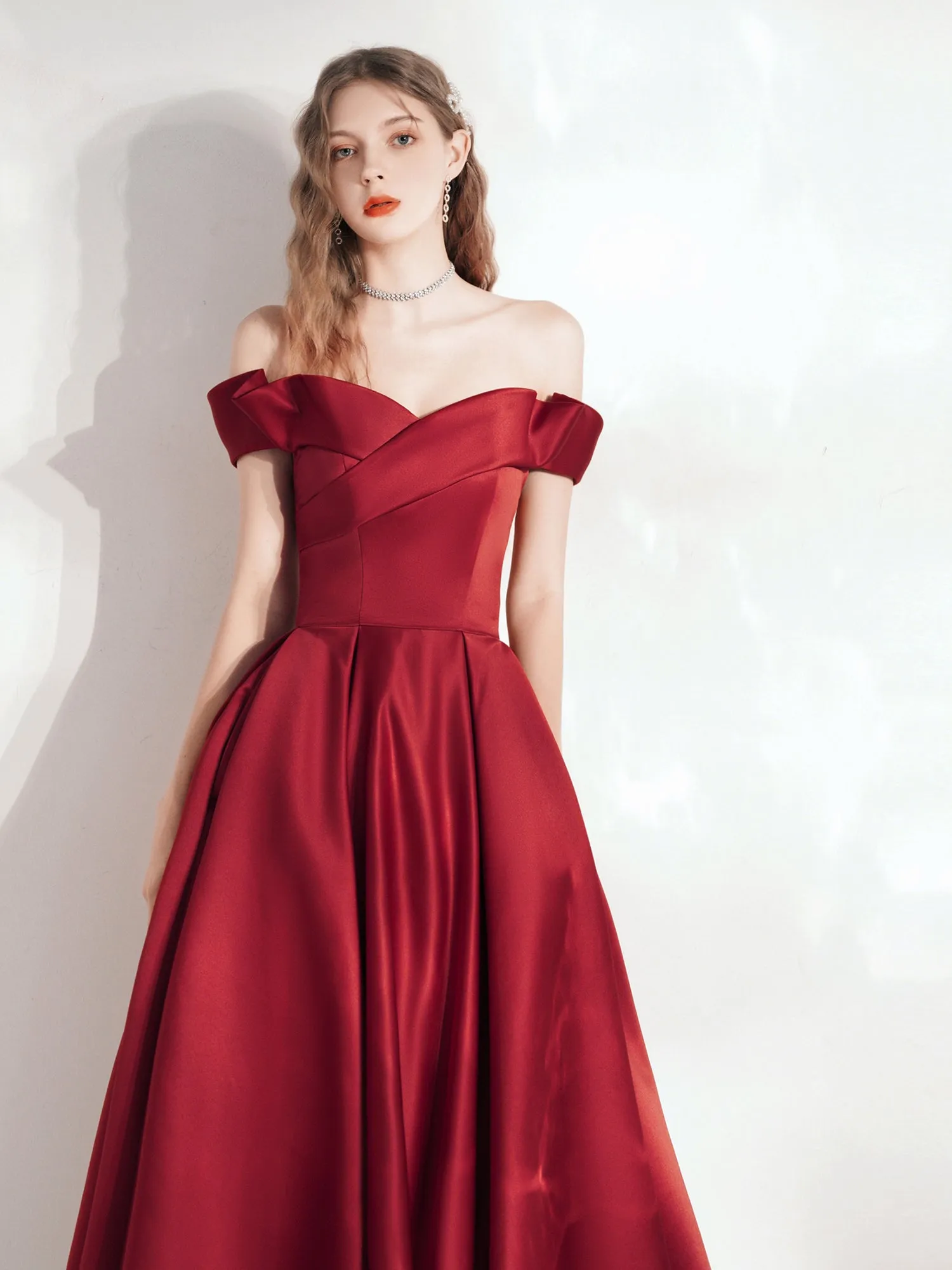 Classy Red Ball Gown Off Shoulder Prom Dress with Pockets