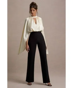 Club L London - USA Amity | Black & Cream Wide-Leg Jumpsuit With Satin Cape Sleeves