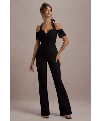 Club L London - USA Aurea | Black Halter-Neck Flared-Leg Jumpsuit