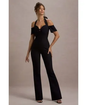 Club L London - USA Aurea | Black Halter-Neck Flared-Leg Jumpsuit