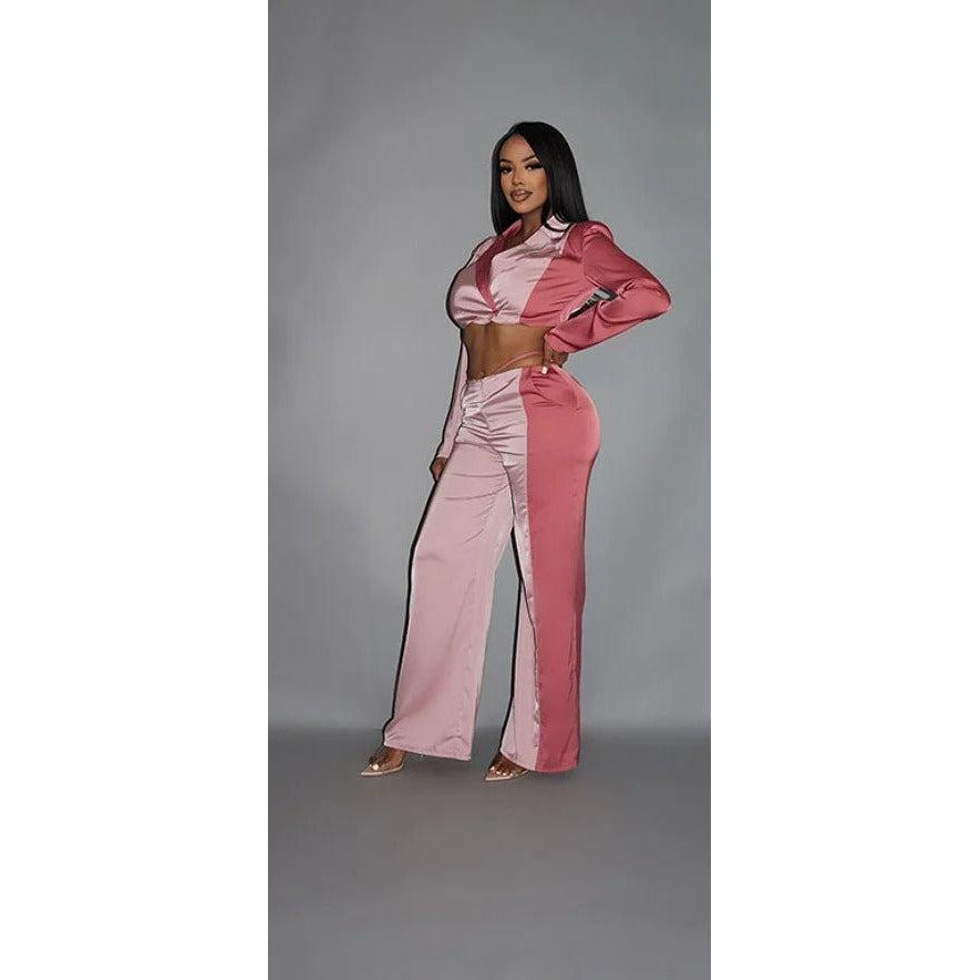 Colorblock Crop Blazer With Matching Low Rise Wide Leg Pant Set With Pockets