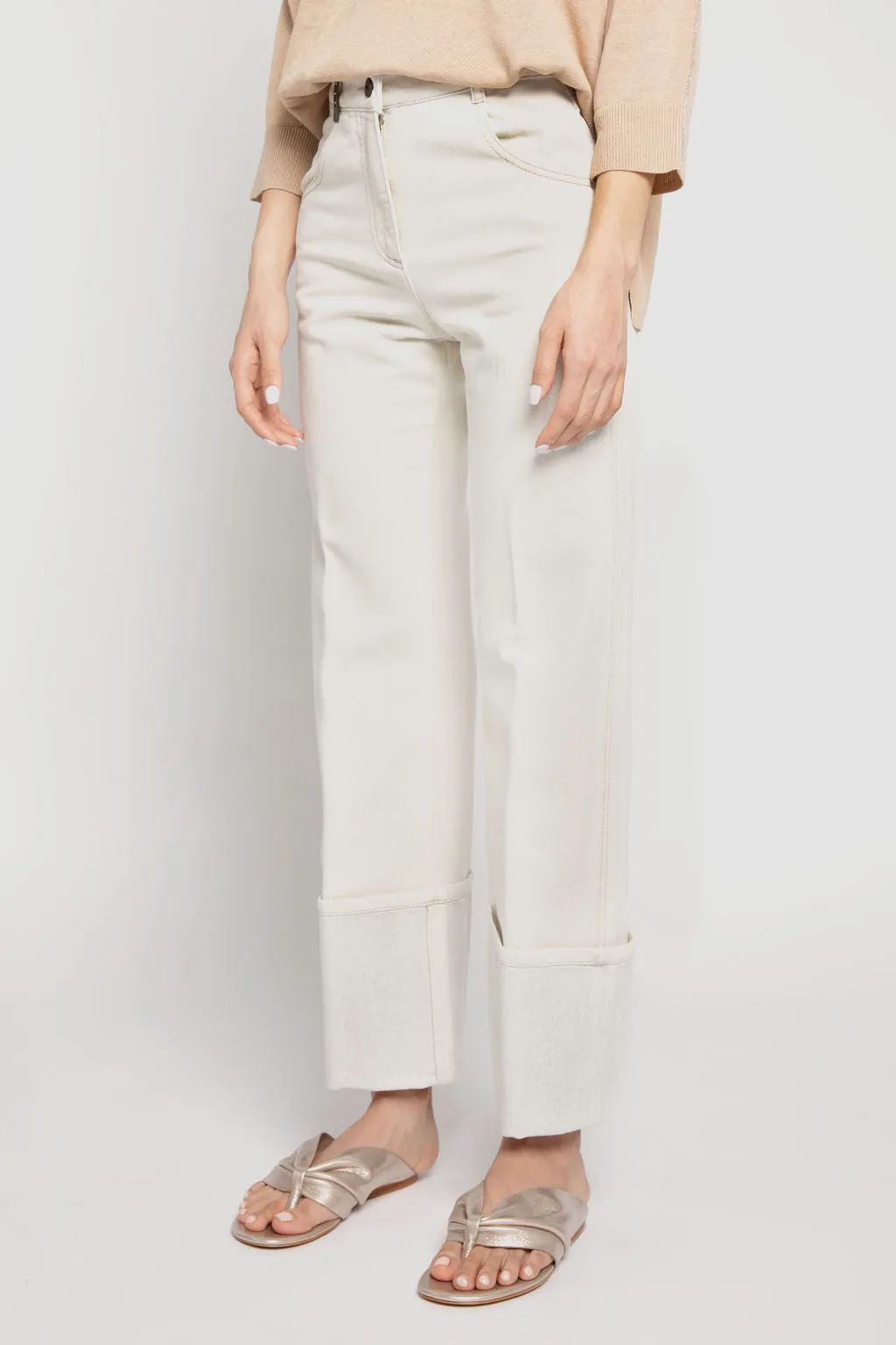 Cotton Pant with Lurex Cuffs in Parchment