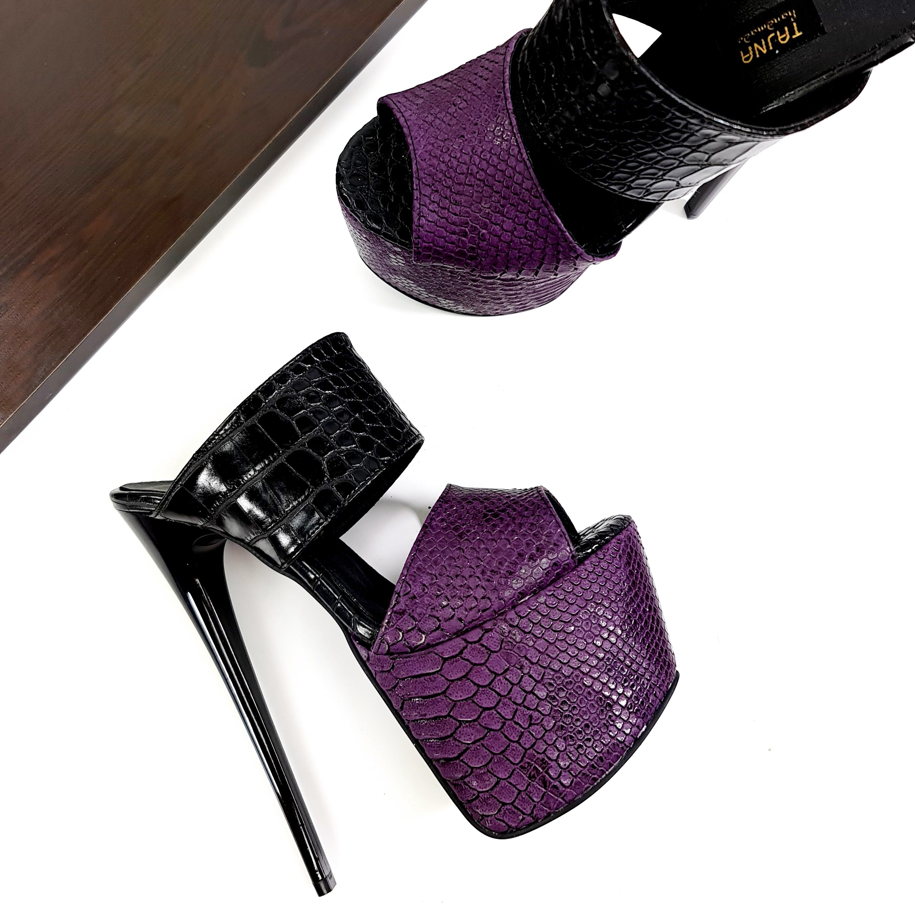 Croco Purple Black Double Strap High Heel Mules