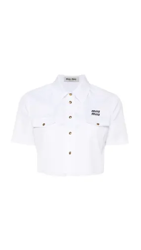 Cropped Popline Shirt with Pockets - White