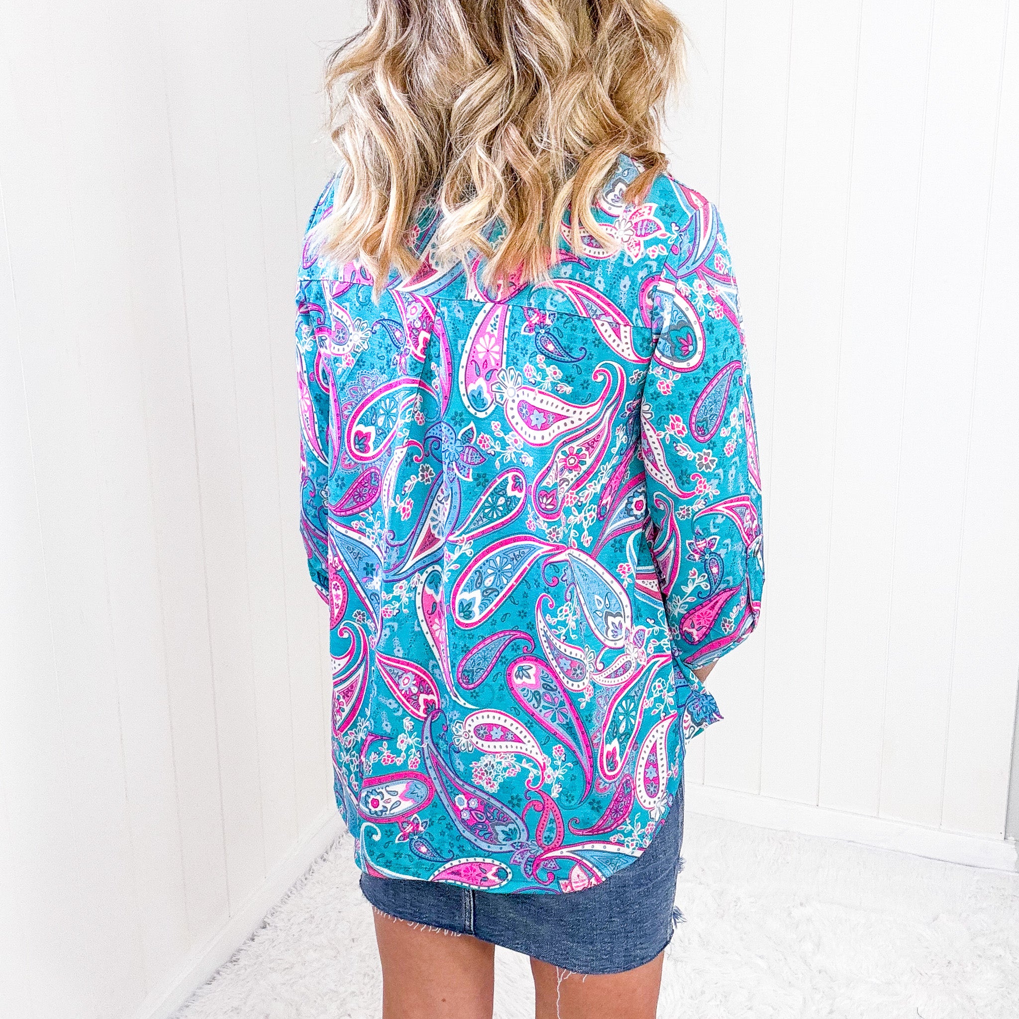 Dear Scarlett Lizzy Top in Aqua Blue and Pink Paisley