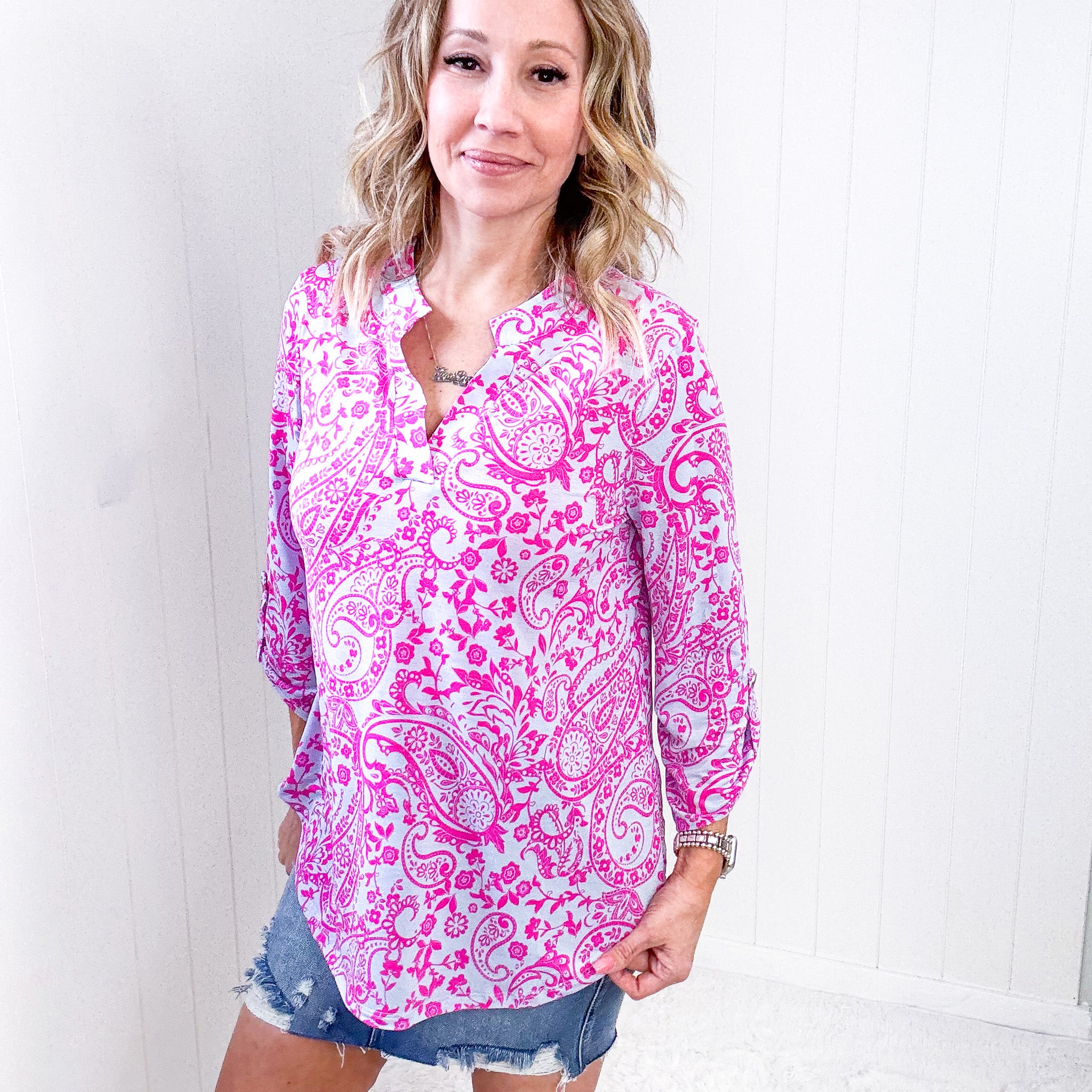 Dear Scarlett Lizzy Top in Blue and Pink Paisley