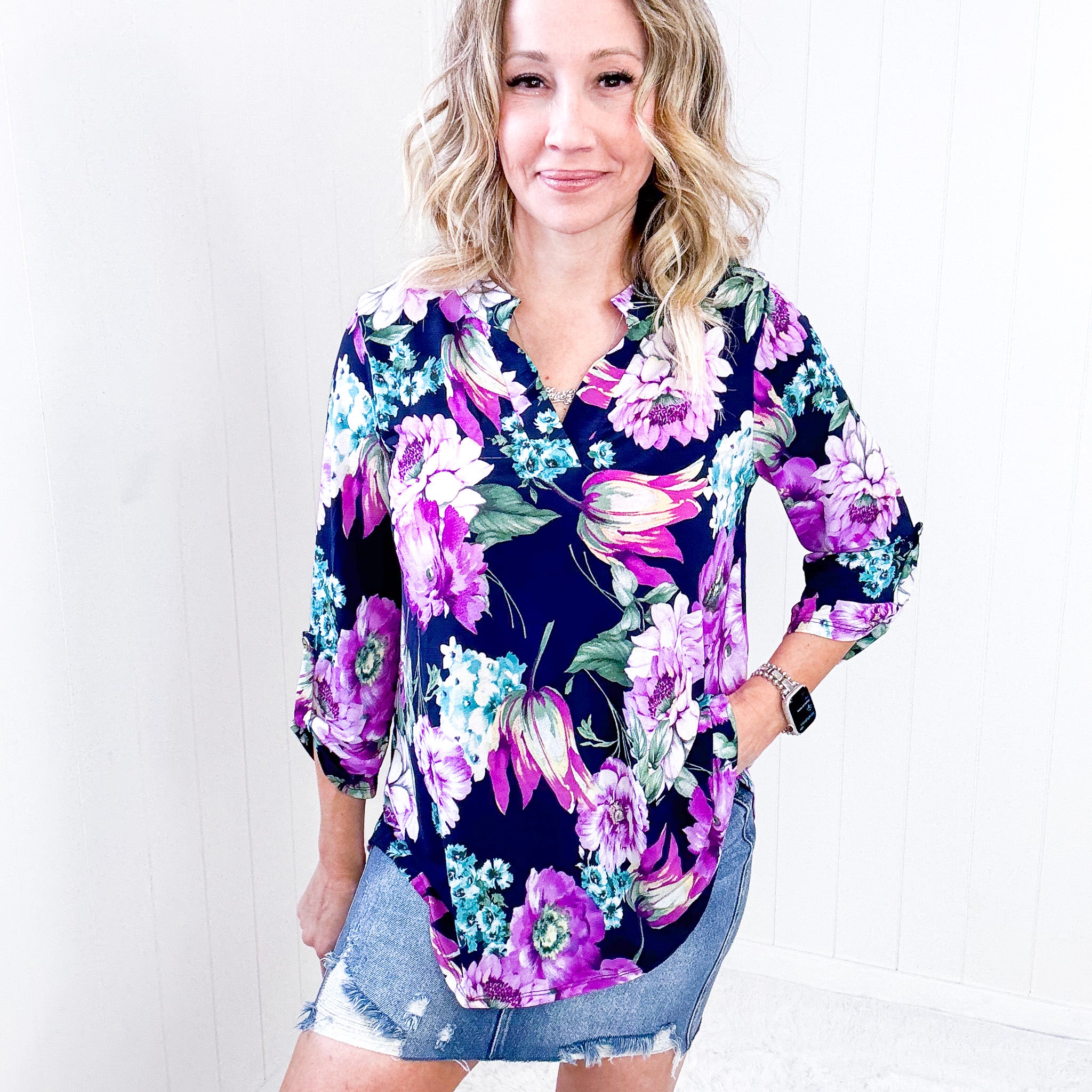 Dear Scarlett Lizzy Top in Navy and Purple Floral