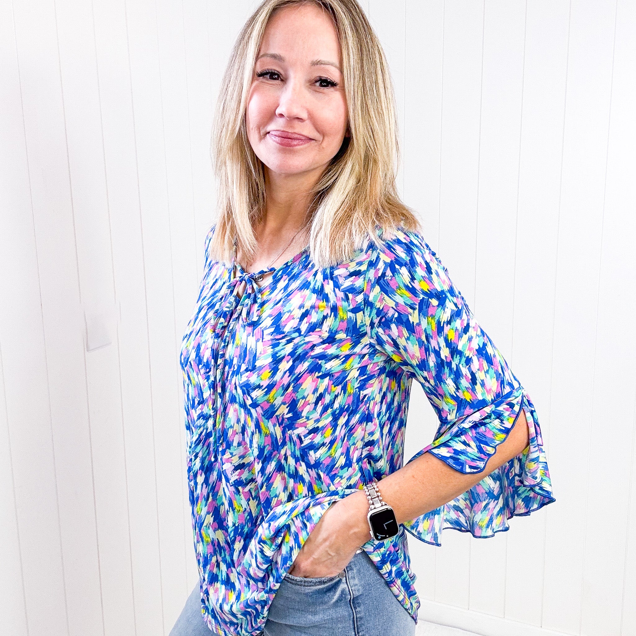 Dear Scarlett Willow Bell Sleeve Top in Royal Brushed Multi