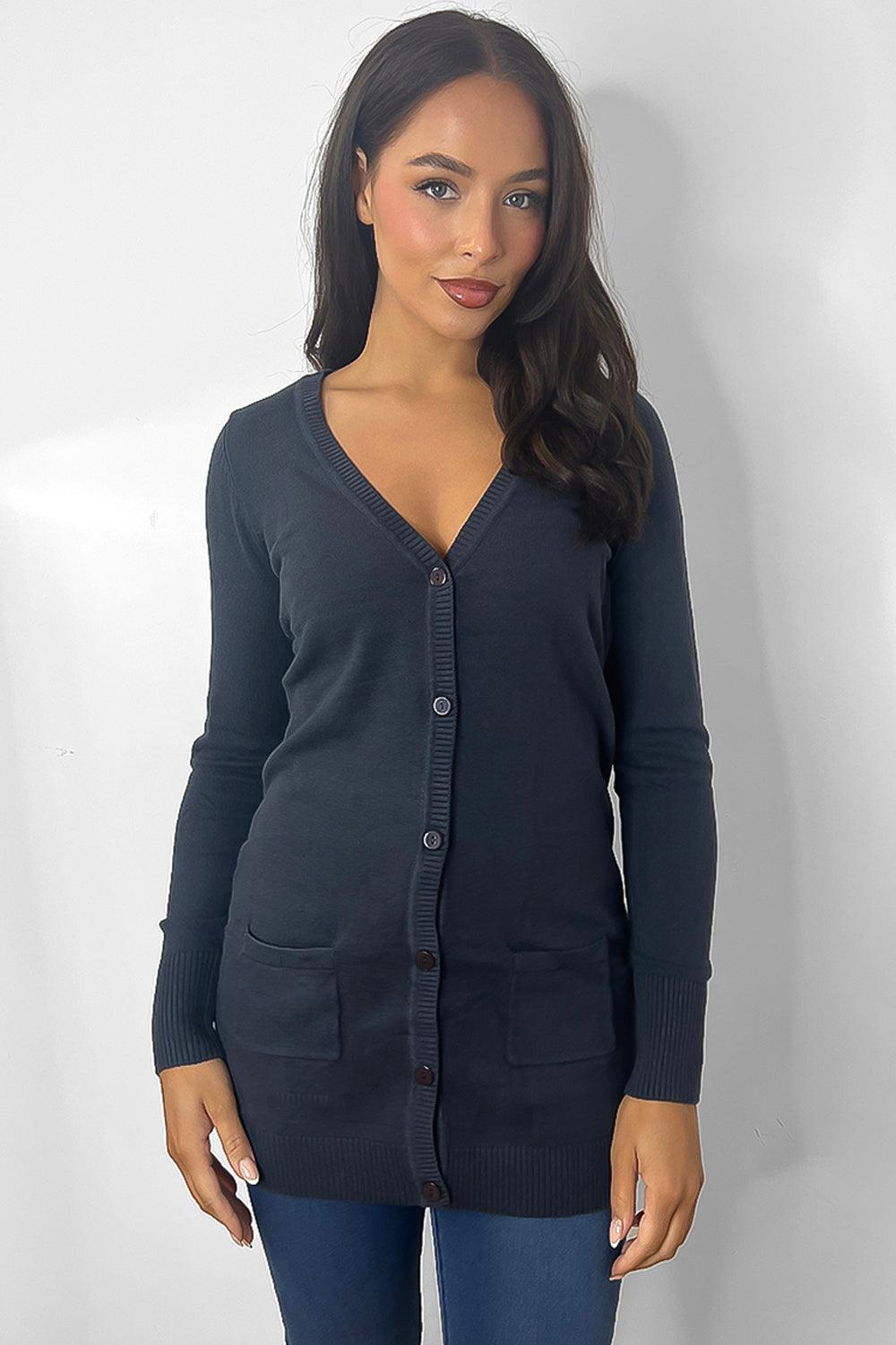 Deep V-Neck Longline Cardigan WIth Pockets