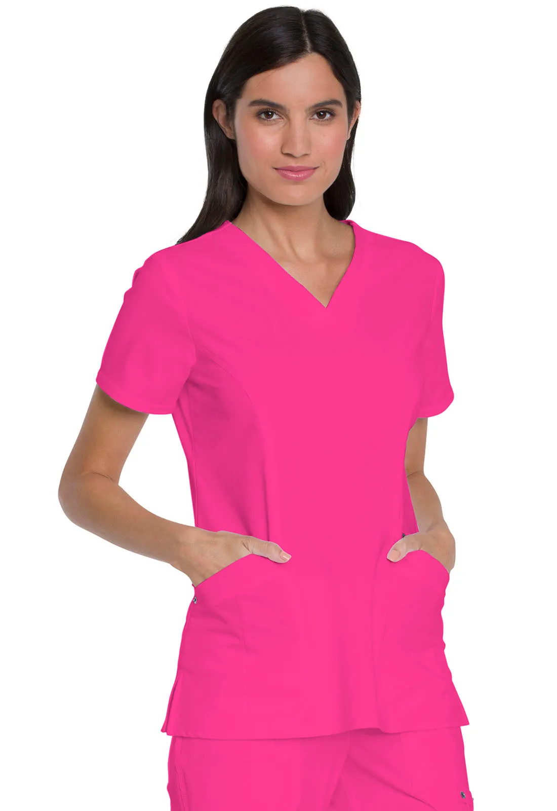 Dickies Advance V-Neck Top With Patch Pockets in Hot Pink