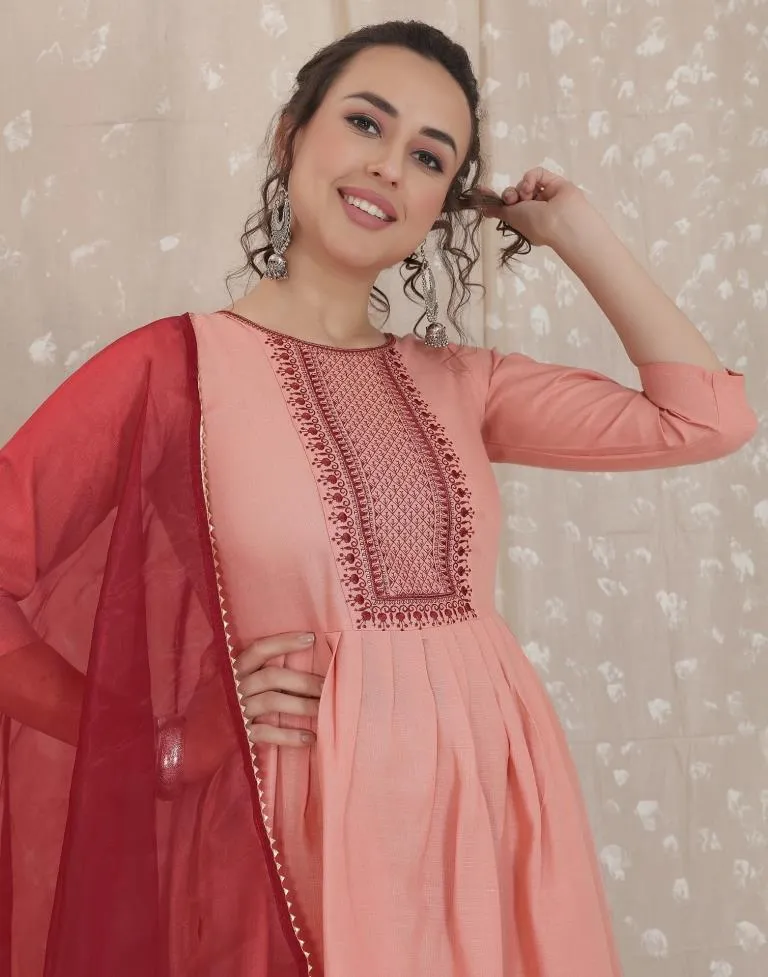 Dusty Pink Cotton Embroidery Straight Kurta With Pant And Dupatta