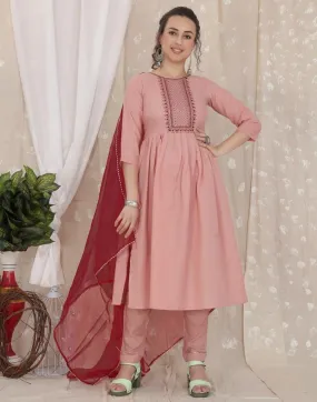 Dusty Pink Cotton Embroidery Straight Kurta With Pant And Dupatta