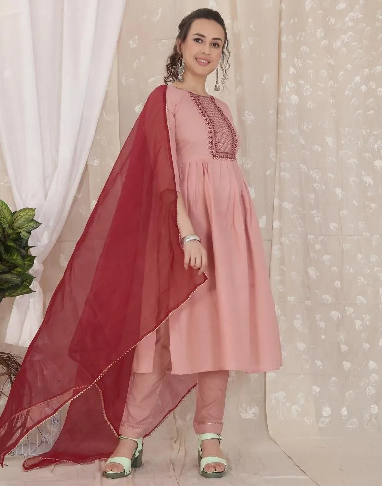 Dusty Pink Cotton Embroidery Straight Kurta With Pant And Dupatta