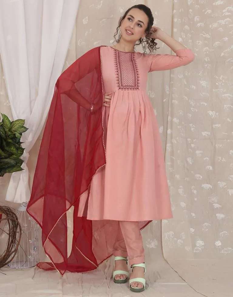 Dusty Pink Cotton Embroidery Straight Kurta With Pant And Dupatta