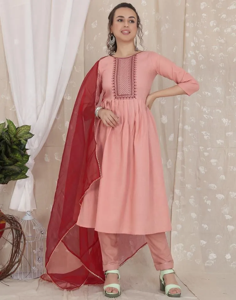 Dusty Pink Cotton Embroidery Straight Kurta With Pant And Dupatta