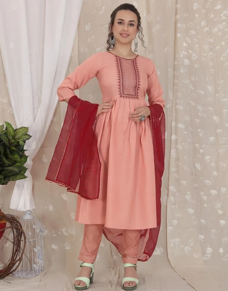 Dusty Pink Cotton Embroidery Straight Kurta With Pant And Dupatta