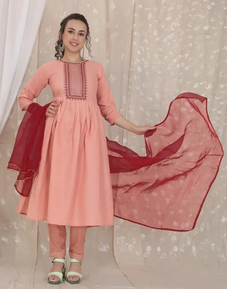 Dusty Pink Cotton Embroidery Straight Kurta With Pant And Dupatta