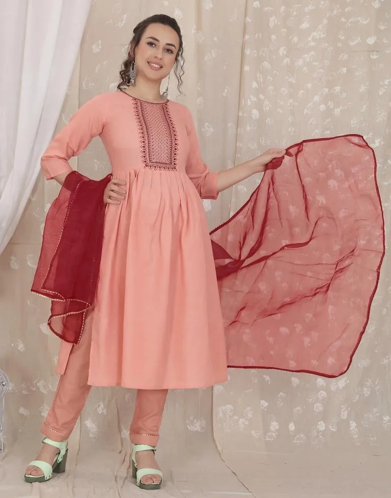 Dusty Pink Cotton Embroidery Straight Kurta With Pant And Dupatta