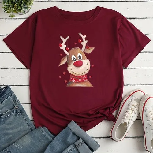 Fashion Elk Polyester Round Neck Short Sleeve Regular Sleeve Printing T-shirt