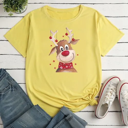 Fashion Elk Polyester Round Neck Short Sleeve Regular Sleeve Printing T-shirt