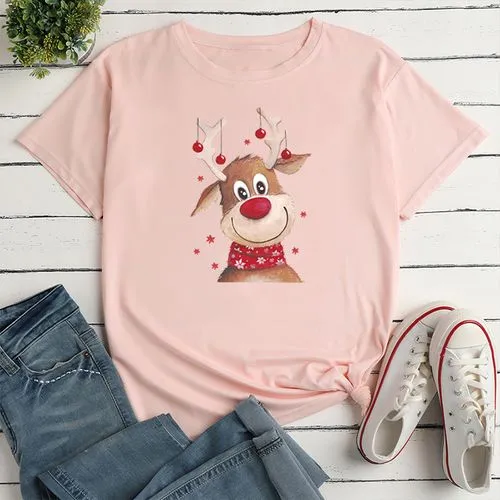 Fashion Elk Polyester Round Neck Short Sleeve Regular Sleeve Printing T-shirt